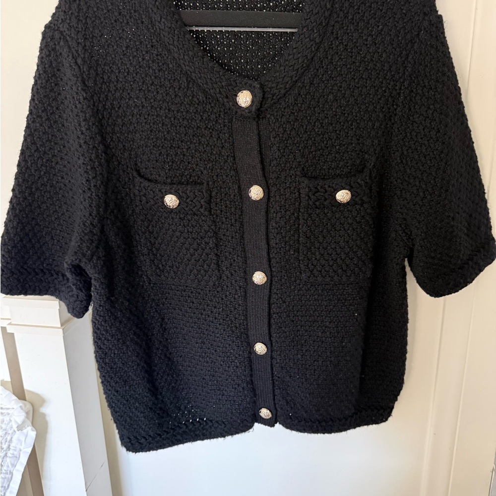 Goelia cotton Black Textured Short-Sleeve Sweater Cardigan Sz L NWOT